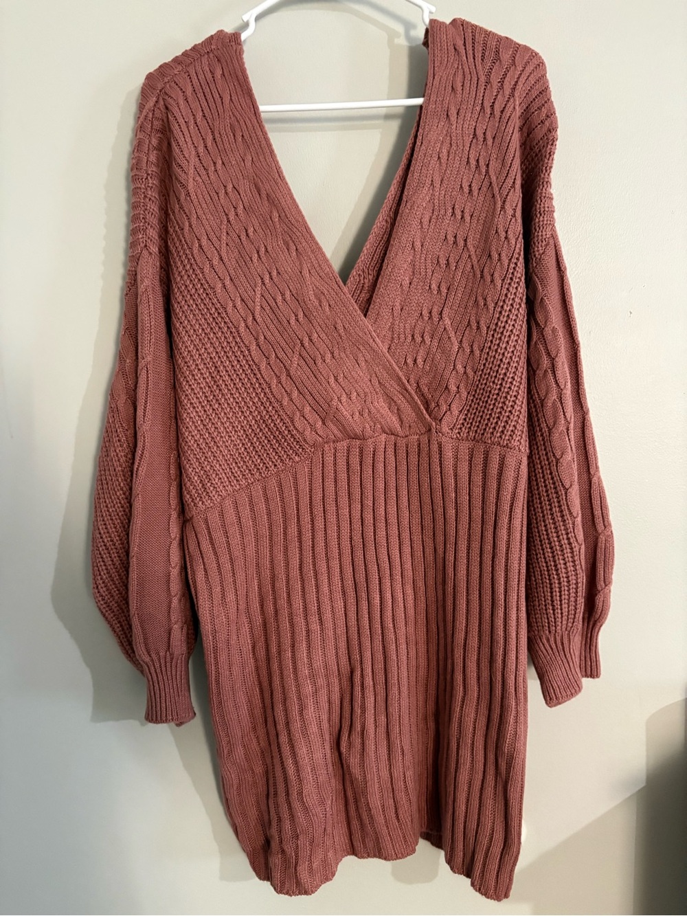 V-Neck Cable Knit Short Sweater Dress - Rose